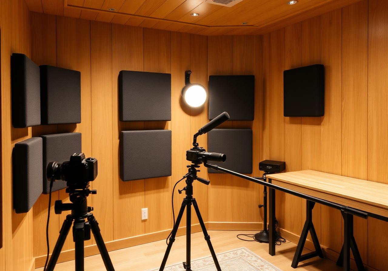 Studio A side view with acoustic treatment and camera