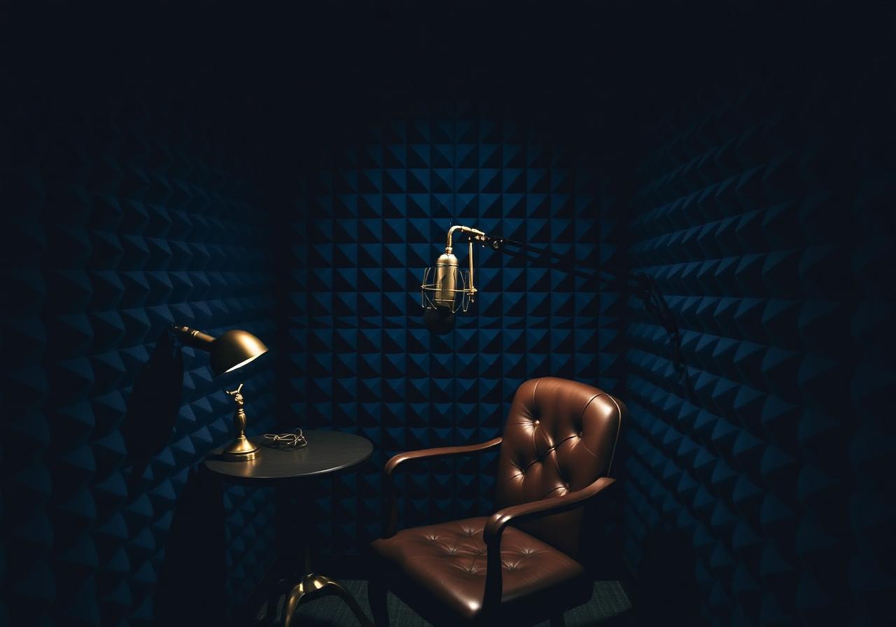 Studio C dark voice booth with vintage microphone