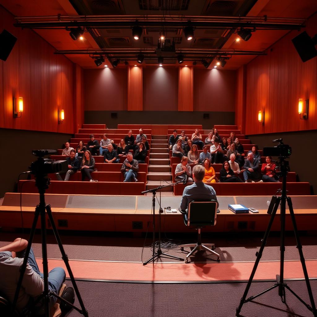 Studio D tiered audience seating with stage and cameras