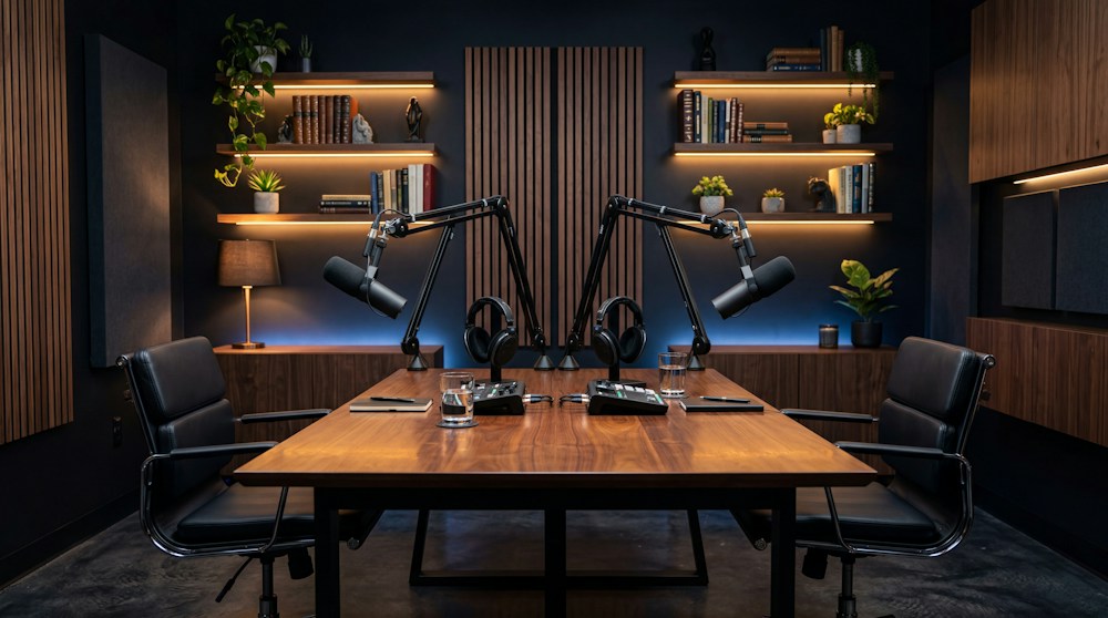 Podcast studio with professional microphones and a welcoming recording space